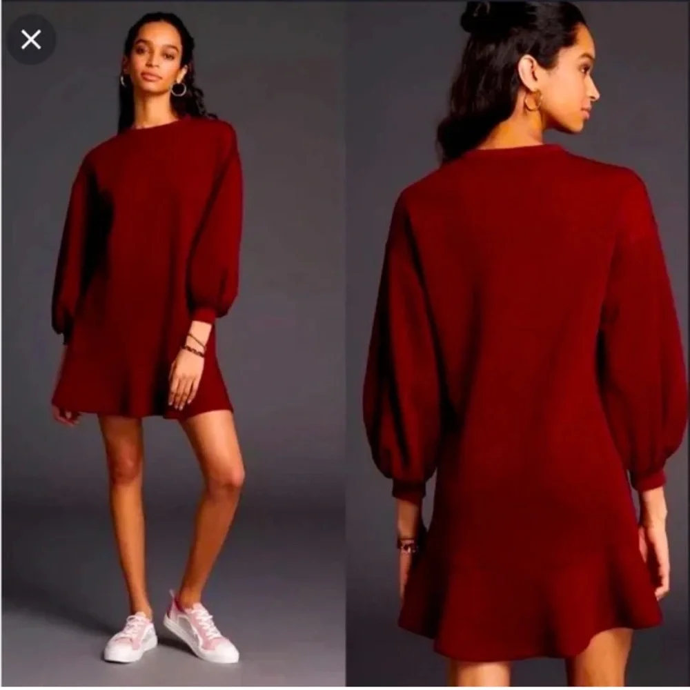 H23 Anthropologie‎ Mare Mare Odila Texture Floral Knit Tunic Dress Wine Red